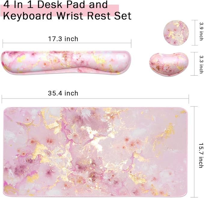 4-in-1 Large Gaming Mouse Pad, Keyboard Wrist Rest Pad & Wrist Support Mousepad Set, Extended Desk Pad Waterproof Desk Mat for Home Office Study Game-Pink Gold Marble