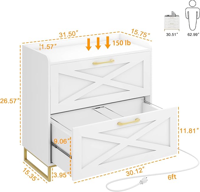 File Cabinet 2 Drawers Lateral File Cabinet with Charging Station for Letter/Legal/A4 Size Hanging Files, Large Wood File Storage Cabinets Printer Stand for Home Office, White and Gold