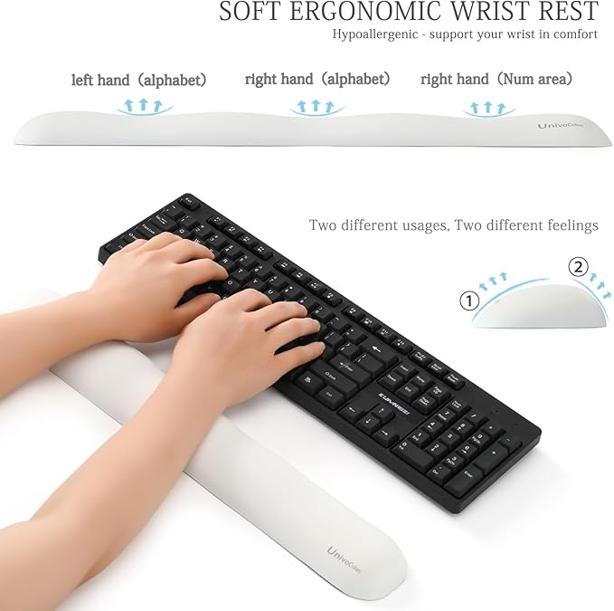 UnivoColors Design-Wave Keyboard Wrist Rest, Artificial Sheepskin+Memory Foam+Ergonomic+Anti-Slip Gel, Resilience Support During Work and Gaming,Keyboard Accessory,White