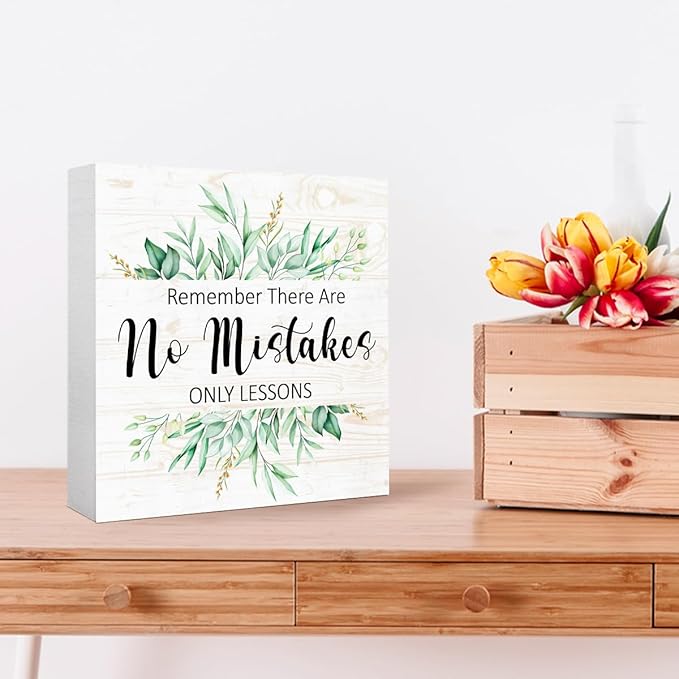 There Are No Mistakes Sign Wood Box,Funny Inspirational Quote Wooden Block Sign for Home Office Tabletop Shelf Decor 5" x 5",Motivational Desk Decor Accessories for Women