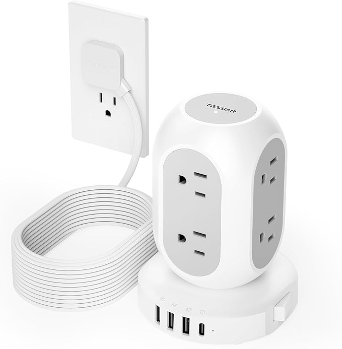 Surge Protector Power Strip Tower, TESSAN Flat Plug Extension Cord 10FT with 8 AC Outlets 4 USB Ports (1 USB C), 1050J Protection Charging Station for Home, Office Supplies, Dorm Room Essentials