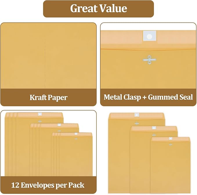 3 Sizes Clasp Envelopes Security Mailing Envelopes with Metal Clasps Kraft Paper Envelopes for Office, School, Home, Shipping Documents, Photos, Mailers (12 Packs)