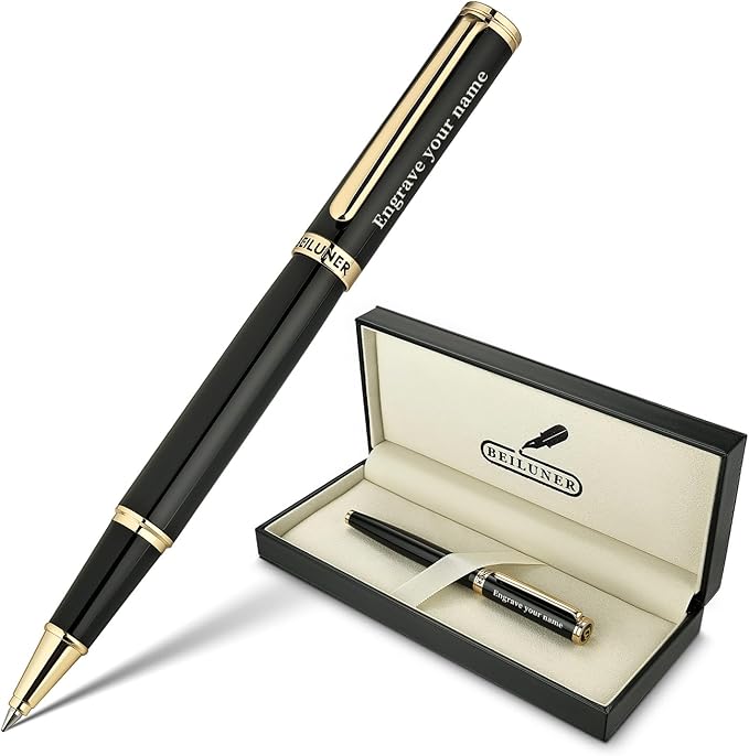 BEILUNER Black Personalized Pen,Stunning Luxury Lacquer With 24K Gold,Schneider Ink Refills,Multiple Fonts To Custom Rollerball,Gift Pen For Men & Women,Executive,Graduation,Christmas,Nice Pens