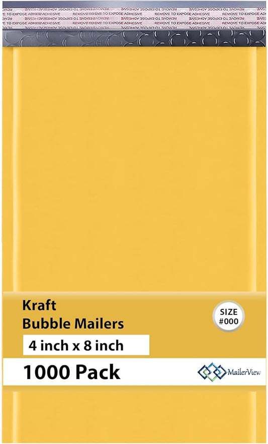 Kraft Small Bubble Mailers 4x8 Inch #000 - Thick & Durable, Padded Envelopes, Bubble Mailing Envelopes, Self Seal Bulk Pack, 1000 Count, Trading Card Sports card Shipping