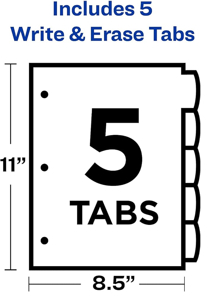 Avery Big Tab Write & Erase Durable Plastic Dividers for 3 Ring Binders, 5-Tab Set, Bright Multicolor, 1 Set (16129)