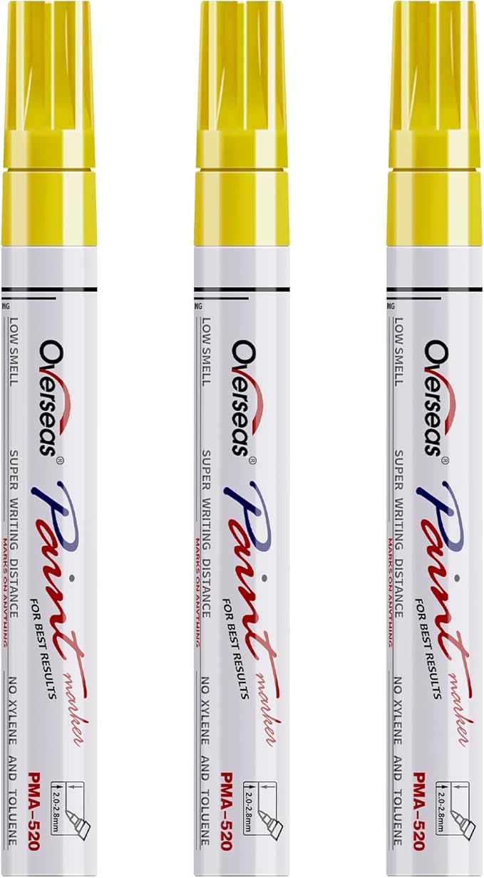 Overseas Permanent Paint Markers Pens - 3 Pack Yellow Oil Based Paint Pens, Medium Tip, Quick Drying and Waterproof Marker Pen for Metal, Rock, Wood, Fabric, Plastic, Canvas, Mugs, Stone, Glass