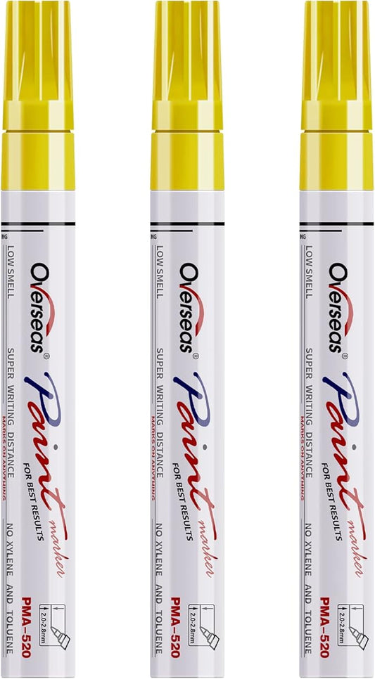 Overseas Permanent Paint Markers Pens - 3 Pack Yellow Oil Based Paint Pens, Medium Tip, Quick Drying and Waterproof Marker Pen for Metal, Rock, Wood, Fabric, Plastic, Canvas, Mugs, Stone, Glass