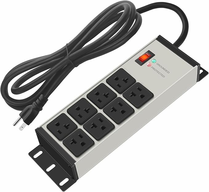 CCCEI Heavy Duty Power Strip Surge Protector 20 AMP, 8 Outlets 12 Gauge Industrial Shop Garage Metal Multiple Outlets, 15 FT Extension Cord 5-15P Adapter High Amp 6-20R T-Slot 20a for Appliance