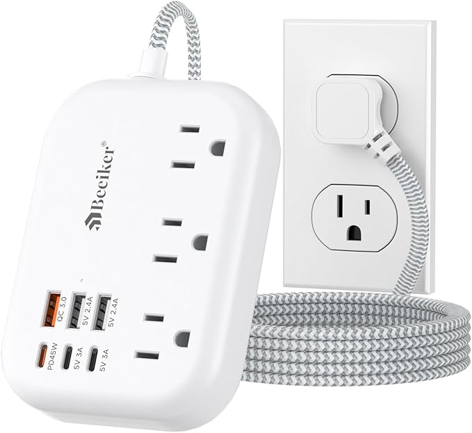 PD45W USB C Travel Power Strip, Cruise Power Strip with 6 USB(3 USB C) Ports and 3 Outlets, 5Ft Flat Plug Braided Extension Cord, 45W Fast Charging Station for MacBook Laptops iPad Pro iPhone Samsung
