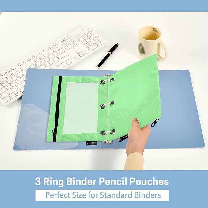 Gredecor Binder Pencil Pouch 3 Ring Light Green Zipper Pencil Pouches Case 2 Pack Clear Binder Organizer for School Office