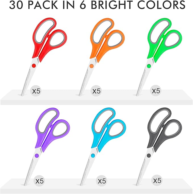 30 Pack Scissors Bulk, 8 Inch Sharp Scissors All Purpose for Office School Classroom, Shear Fabric Sewing Craft Cutting Paper for Adults Teachers Students, School Supplies for Right/Left Handles