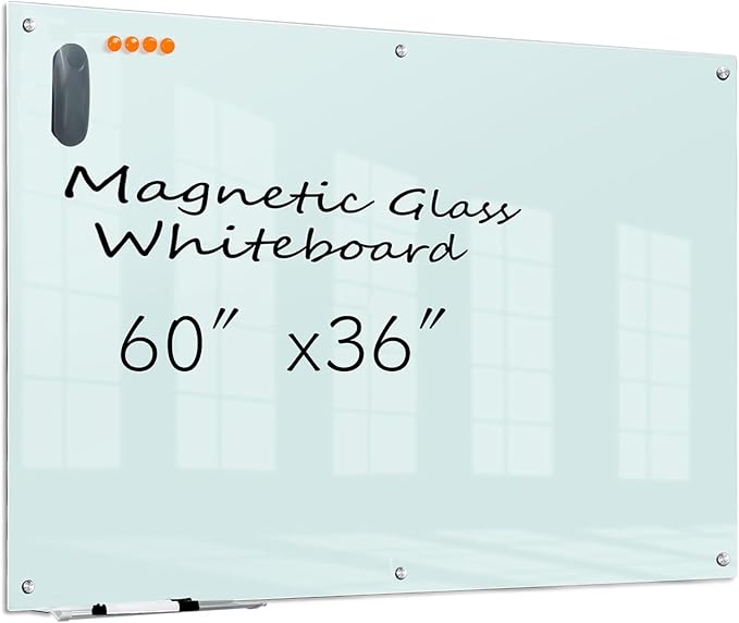 KIZZBY Glass Dry Erase Board - Magnetic Whiteboard, 60"X36" Frameless White Board Clear Glass Boards with Super Strong Magnets, Wall Mounted for Office, Classroom and Home