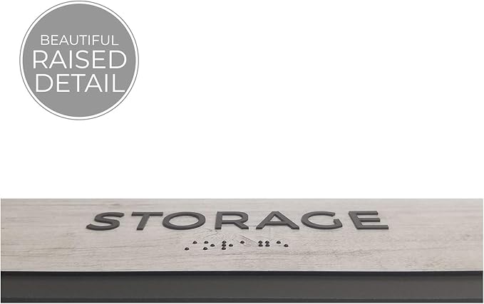 Storage Sign with Braille/Easy Adhesive Mount Door and Wall Sign for Small Businesses and Restaurants/ 3 x 9 inches/Silver Woodgrain