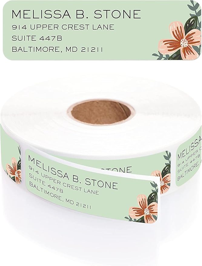 Mint and Pink Floral Rolled Address Labels/Roll of 250 Personalized Return Address Labels/Designer Return Address Stickers in Elegant Plastic Dispenser