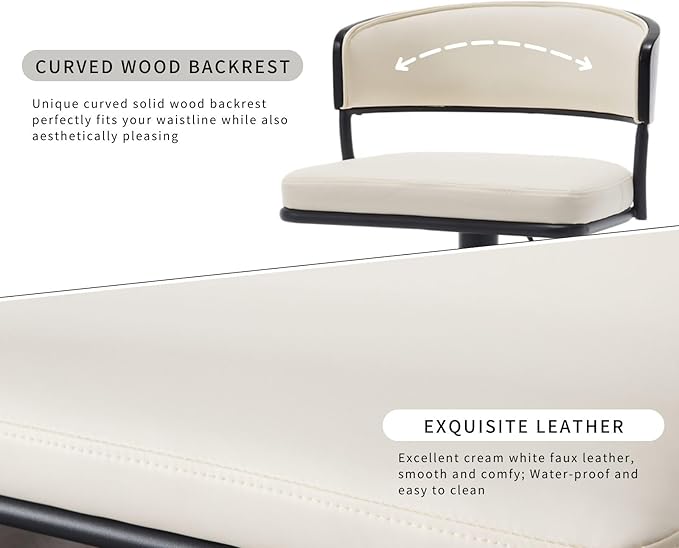 Adjustable Modern Bar Stools Set of 6 Faux Leather Barstools Swivel Counter Height Bar stools with Curved Back/Black Metal Base Comfy Upholstered Bar Chairs for Kitchen Island, Beige