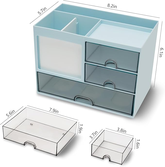Desk Organizer with 3 Drawer, Multi-Functional Pencil Pen Holder for Desk, Desk Organizers and Storage with 8 Compartments, Desktop Organizer for Office Home Art Supplies (Blue)