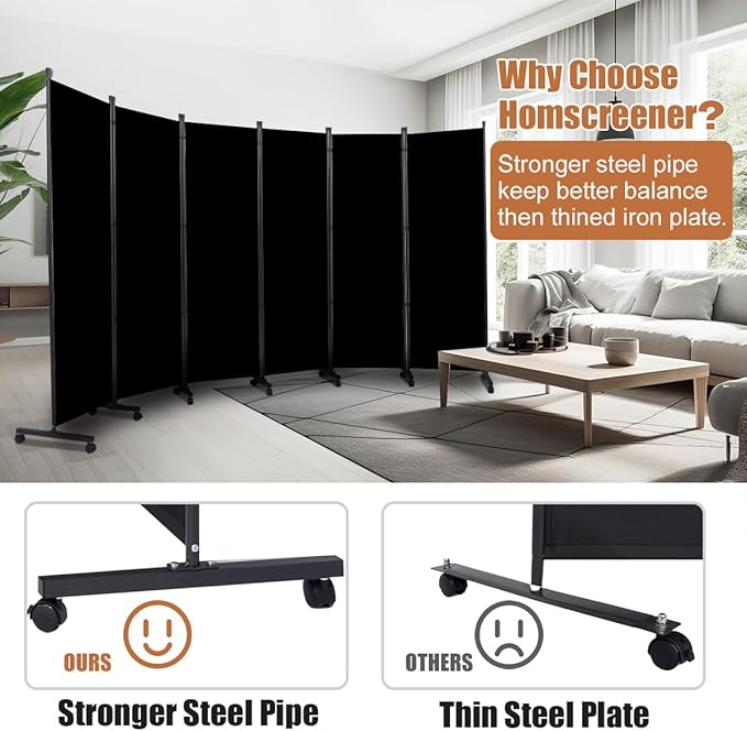 Room Divider Portable 132'' Partition Room Dividers and Folding Privacy Screens 6 Panel Wall Divider for Room Separation, Freestanding Fabric Room Divider Panel with Wheels for Home Office Hospital