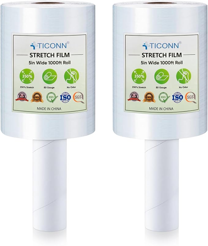 TICONN 2Pk Stretch Wrap Stretch Film Roll, 1000ft Industrial Strength 5 inch Wide Clear Plastic Wrap with Handles for Pallet Wrapping Shipping Moving