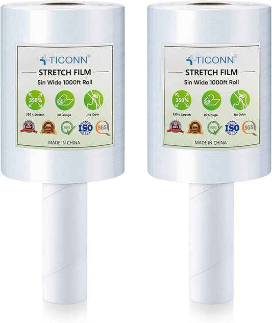 TICONN 2Pk Stretch Wrap Stretch Film Roll, 1000ft Industrial Strength 5 inch Wide Clear Plastic Wrap with Handles for Pallet Wrapping Shipping Moving