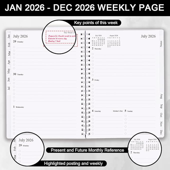 2026 Planner - Monthly Planner Runs January 2026 to December 2026, 6.25" x 8.25", 12 Monthly Tabs, 14 Notes Page, Inner Pocket, Flexible Cover with Twin-Wire Binding, Planners 2026, Black