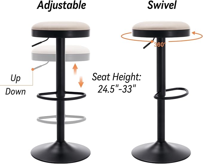 Round Swivel Counter Height Bar Stools Set of 4 Modern Adjustable Barstools Backless PU Leather Bar Chairs Industrial Island Chairs with Metal Base/Footrest for Kitchen Island/Pub/Bar, Beige