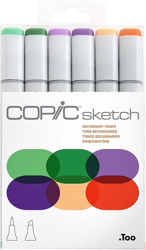 Copic Sketch Alcohol Markers, 6 Color Dual Tip Art Marker Set – Blendable Brush Tips for Drawing, Sketching, and Illustration – Professional Set for Adults/Teen Artists & Creators - Secondary Tones