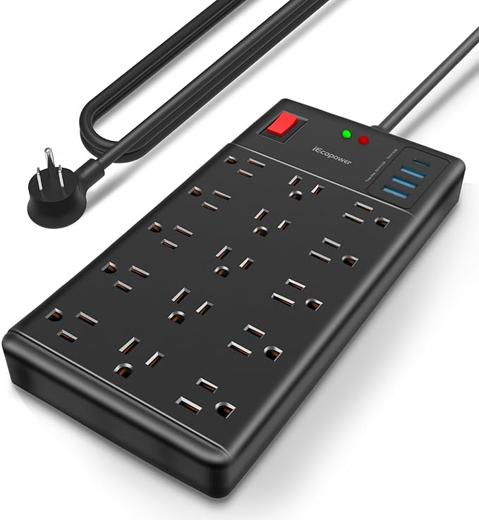 Surge Protector Power Strip-15 Widely Spaced Outlets and 4 USB Ports(1 USB C Port),14 AWG Extension Cord,1875W/15A Heavy Duty Power Strip Surge Protector 5 ft Cord,2800J,Black