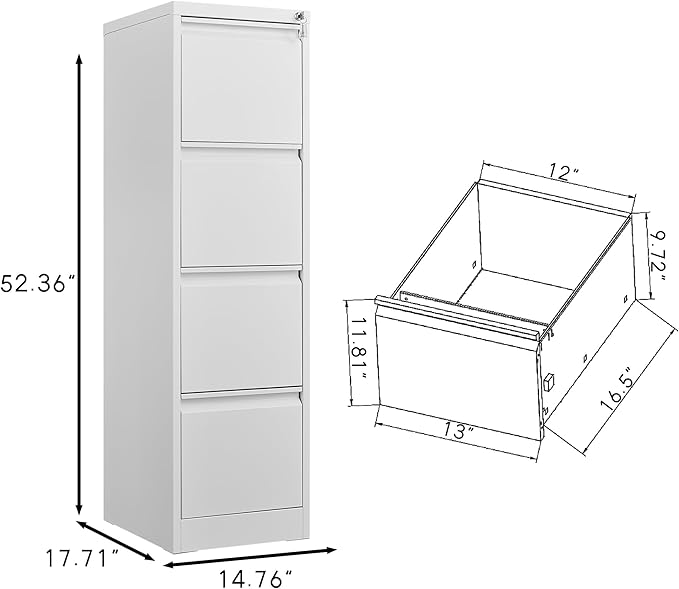 4 Drawer File Cabinet with Lock, Vertical File Cabinets for Home Office, Metal Filing Cabinets, Heavy Duty Steel Lockable Filing Storage Cabinet for Letter/Legal/A4/F4 Size Files, White