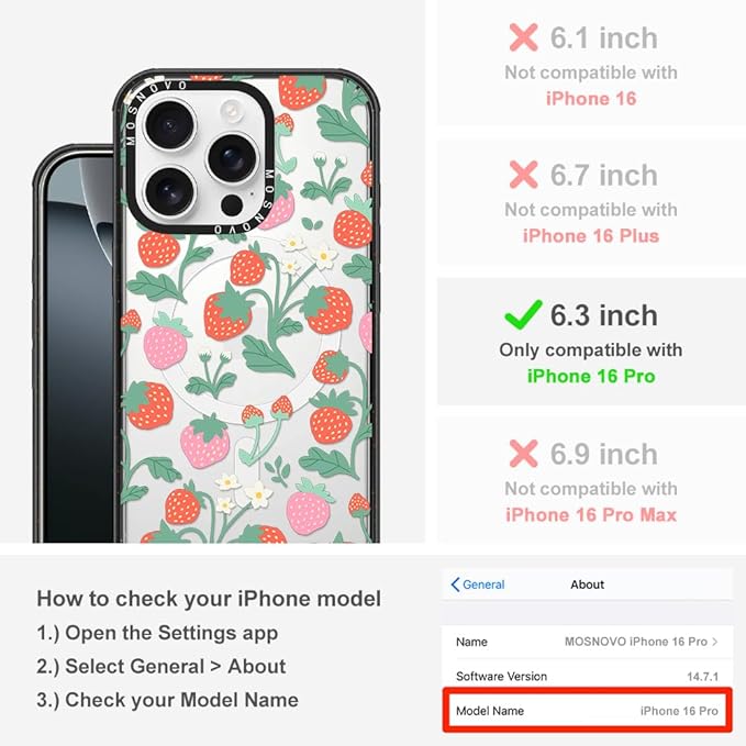 MOSNOVO Magnetic Case for iPhone 16 Pro, 10ft Military-Grade Protection, Compatible with Magsafe, Shockproof Phone Case for iPhone 16 Pro - Strawberry Garden - Clear Black