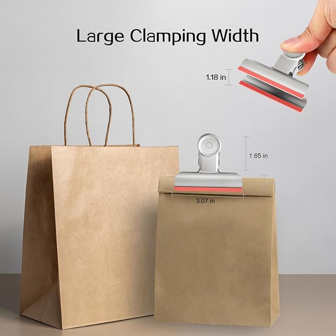 HOUSE AGAIN 12 Pack Stainless Steel Chip Bag Clips Covered with Silicone NO More Sharp Edges, Bulldog Clips for Food Bags Air Tight Seal, Heavy Duty Binder Paper Clips for Kitchen and Office, 3 Inches
