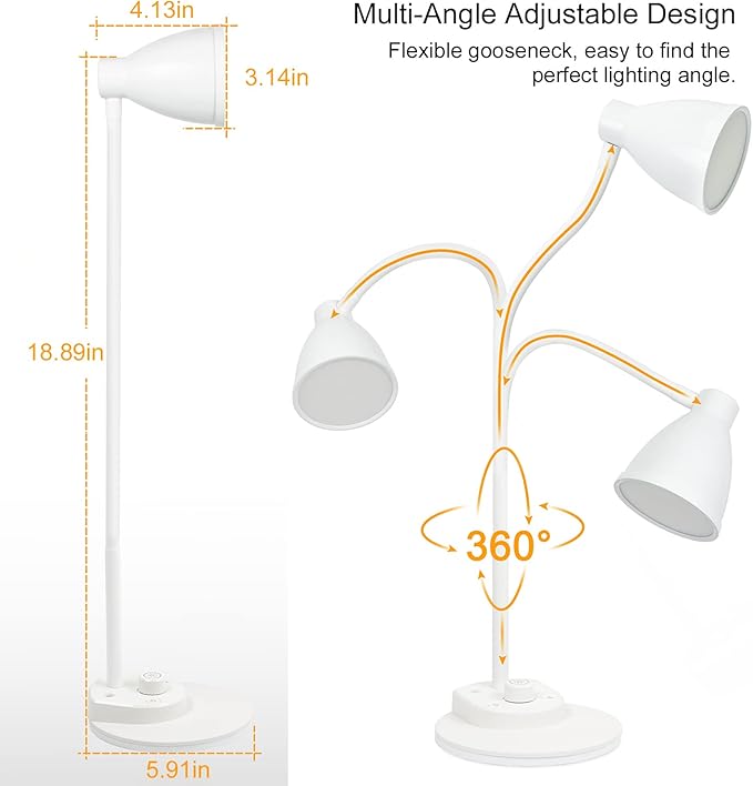 BOHON LED Desk Lamp with USB Charging Port, 3 Color Modes Dimmable Reading Lamp, Auto Dimming Task Lamp, Flexible Neck Table Light for Dorm Bedside, Adapter Include, White