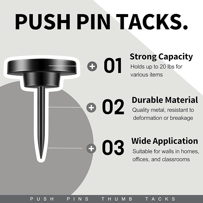 30 PCS Metal Black Push Pins for Wall Clear Thumb Tacks for Walls Flat thumbtacks Push pin for Bulletin Board Shadow Box Display Thumbtack for Cork Board
