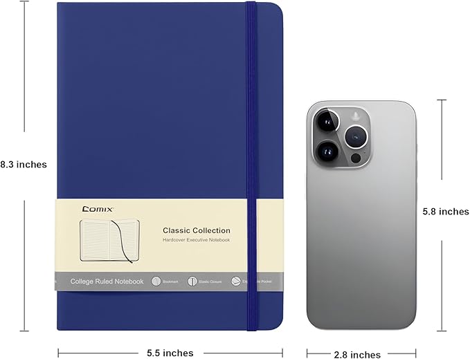 Comix Lined Journal Notebook for Women Men, Journaling Notebooks for Office School Home, 240 Pages, 5.5" x 8.3", College Ruled, A5, Hardcover, Navy Blue