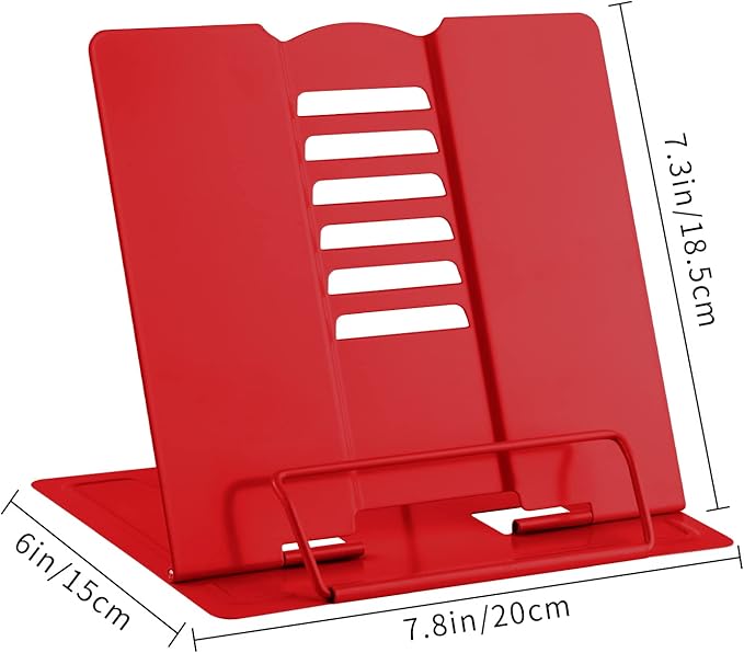 MSDADA Desk Book Stand Metal Reading Rest Book Holder Adjustable Cookbook Documents Holder Portable Sturdy Bookstands for Recipes Textbooks Tablet Music Books with Page Clips (Red)