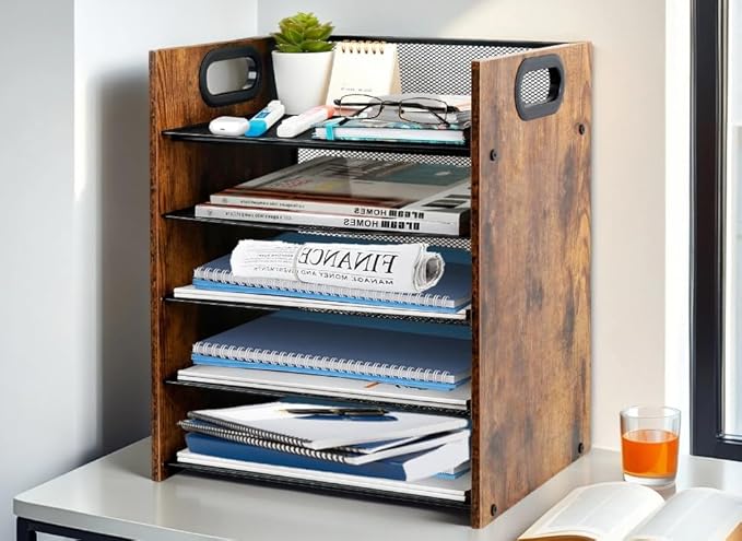 Wood Desk Organizer - 5-Tier Desktop File Organizer, Wooden Paper Tray, Office Desk Organzier and Accessories for Papers, Mail, Notebooks, Stationery