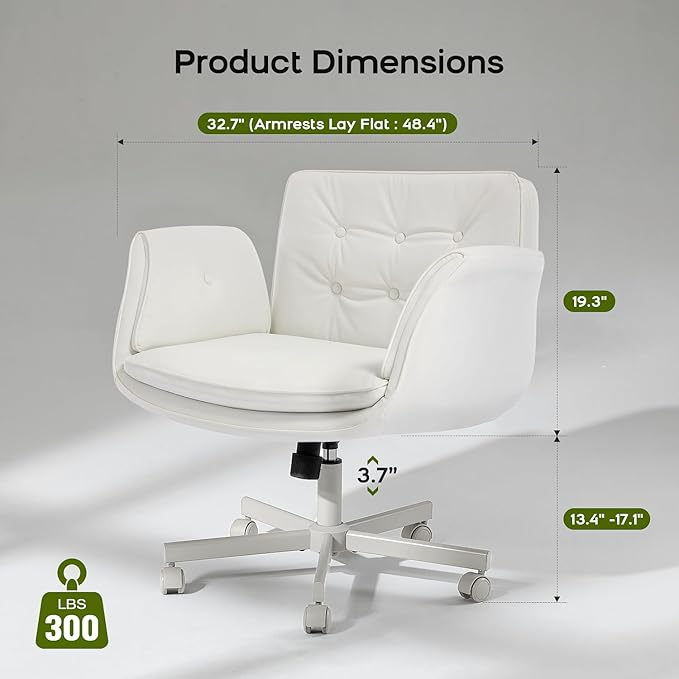 Criss Cross Chair with Armrests & Wheels, PU Leather Vanity Chair, Comfortable Adjustable Swivel Computer Office Desk Chairs for Home, Make Up, Bed Room (White)