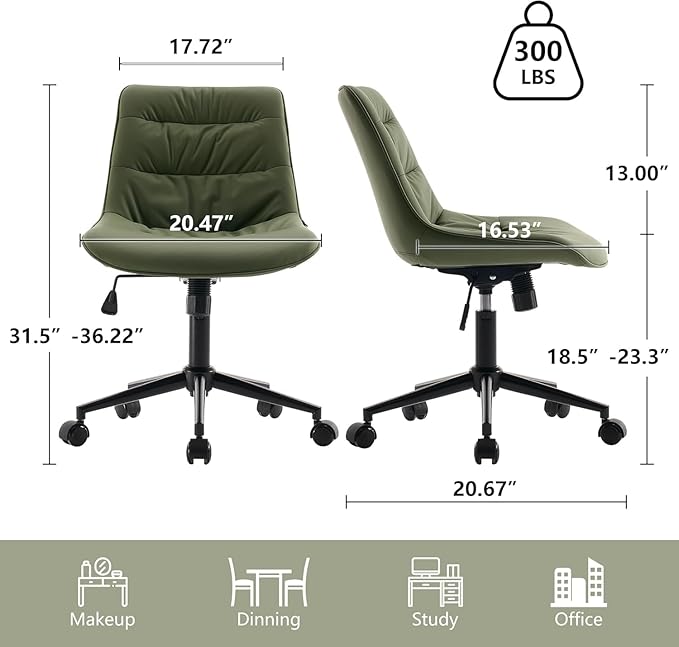 Kidol & Shellder Faux Leather Office Chair, Adjustable Swivel Height Task Chair, Rolling Wheels & Soft Backrest - Armless Ergonomic Desk Chair for Home, Office,Vanity,Gaming（Bean-Green）