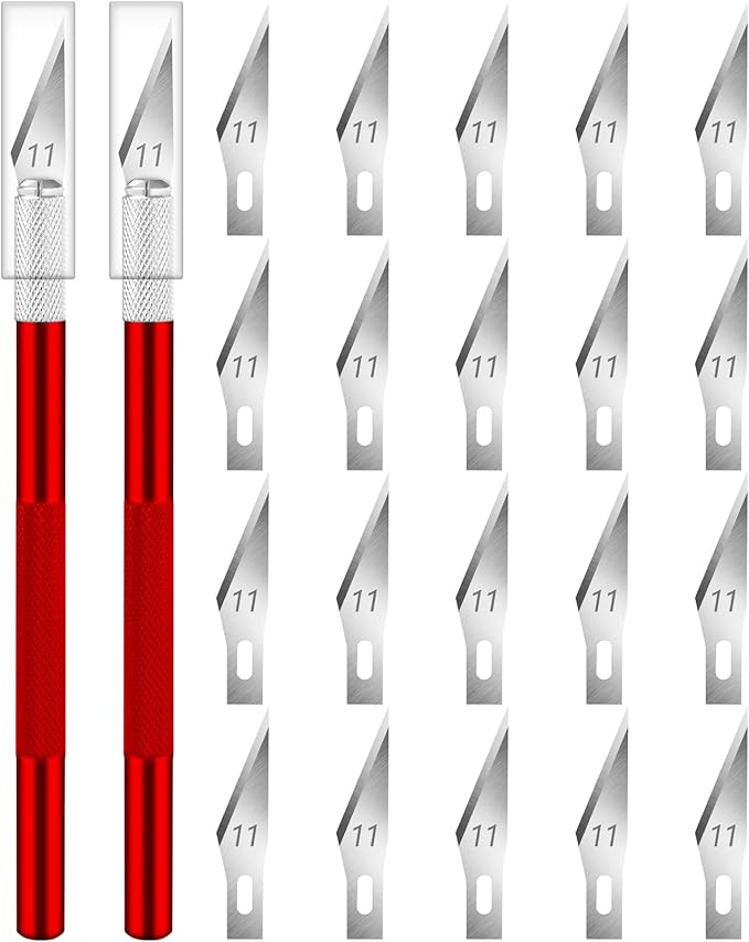 DIYSELF 2 Pack Exacto Knife Set, Precision Knife for Paper, Carving Blades for Crafts, Craft Knife for Wallpaper, Art Knives, Hobby Knife with 20 High Carbon Steel Exacto Knife Blade #11(Red)
