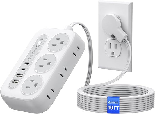 ORICO Surge Protector Power Strip, Multiple Outlets Extension Cord with 6 AC Outlets 2 USB-A and 2 USB-C Ports, 10 ft Long Flat Plug Power Strip, Mountable Outlet Extender for Dorm/Office/Home- OG