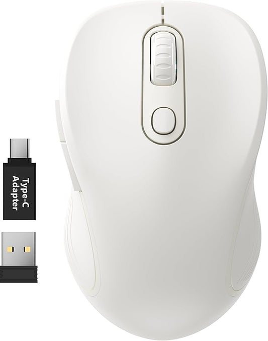 WisFox 2.4G Wireless Mouse for Laptop, Ergonomic Computer Mouse with USB Receiver and Type-C Adapter, 3 Adjustable Levels DPI, 6 Button Cordless Wireless Mice (White, 1 Pack)