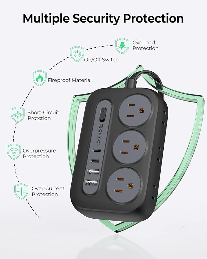 ORICO Surge Protector Power Strip, Multiple Outlets Extension Cord with 6 AC Outlets 2 USB-A and 2 USB-C Ports, 5 ft Flat Plug Power Strip, Mountable Outlet Extender for Dorm/Office/Home- OG