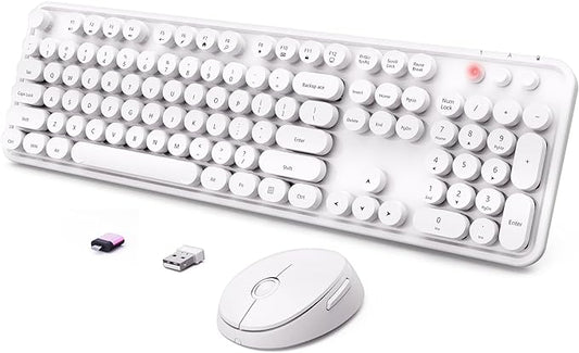 Wireless Keyboard and Mouse Combo, Ergonomic Full Size Typewriter Retro Round Keycaps Keyboard, Compatible with Windows, PC, Perfer for Home and Office Keyboards（White）