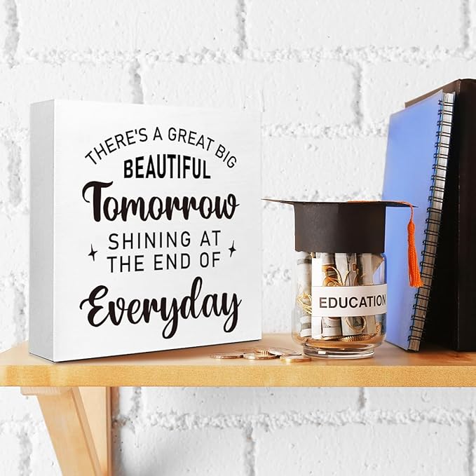 Wooden Block Sign "There is a Great Tomorrow" 5x5x1 INCH, Inspiration Decor, Vintage Tomorrowland Plaque for Desk or Wall, Classic Quote Display