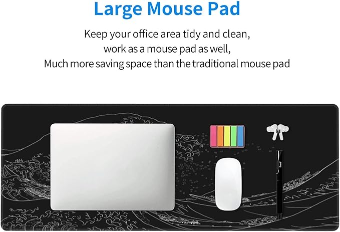 Japanese Sea Wave Large Mouse Pad, Anime Black Gaming, Extended Kanagawa Mat Desk Pad, 3mm Thick Long Non-Slip Rubber Base Mice Pad, 31.5 X 11.8 Inch