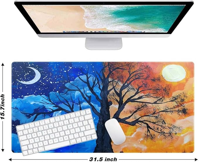 Hand Painted Landscape Trees Customized Large Extended Gaming Mouse Pad with Stitched Edges and Non-Slip Rubber Base,Suitable for Office and Home Use,31.5x15.7 Inches
