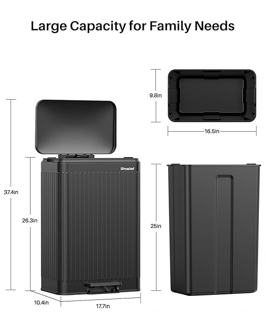 Lovewind 60 Liter/ 16 Gallon Stainless Steel Trash Can with Soft-Close Lid, Large Footstep Garbage Can with Roman Texture, Removable Inner Buckets, Recycling Bin for Kitchen Office, Black