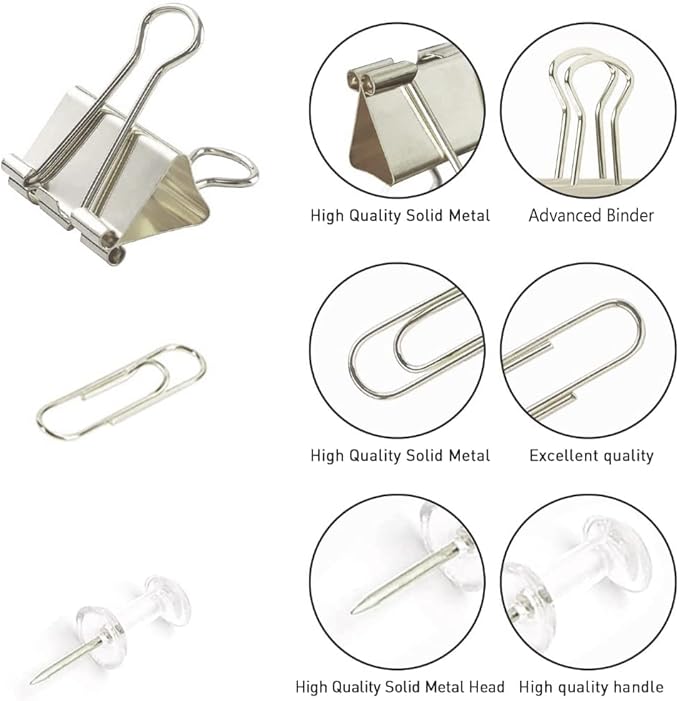 Silver Binder Clips and Paper Clips Push Pins Tacks Sets, Total 72 PCS Assorted Sizes Office Supplies Set for Women, Student, School, Home & Desk Supplies