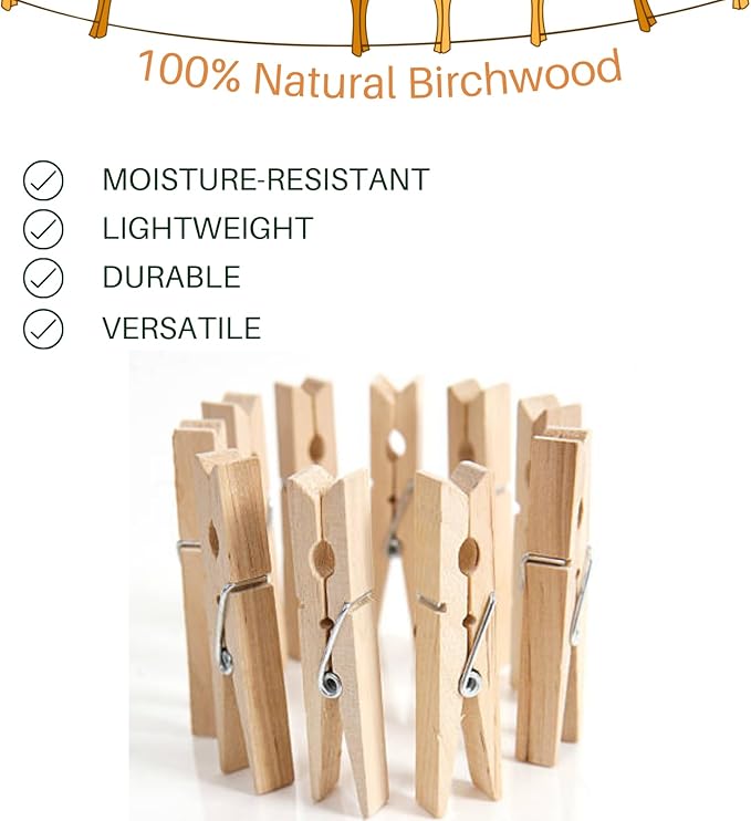 Clothes Pins Wooden, 46 Pack, 3.55 Inch, Natural Wood,Rust Resistant Clothespins, Heavy Duty Clothes Pins for Laundry,Clothes Pins for Craft, Wooden Clips for Pictures
