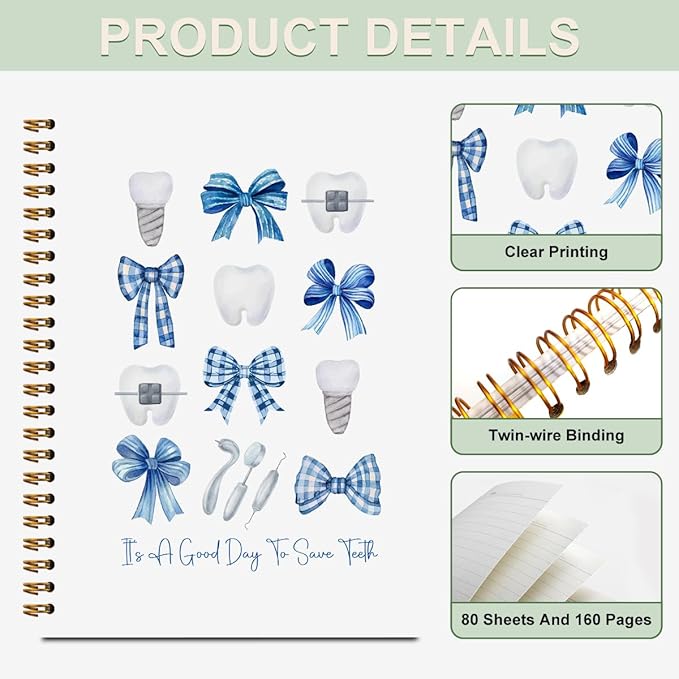 CFGBFDGH 2Pcs Blue Bow Spiral Notebooks for Work, Dental Hygienist Gifts for Women Coworker, A5 Hardcover Notebook Journal, Blue Notebook Travel Journal for Writing Office Note Taking, 8.3x5.8inch