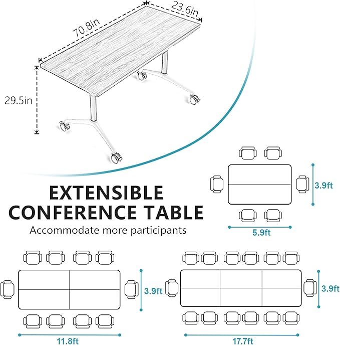 Conference Room Table, Folding Conference Tables,Thicken Grey Tabletop,Flip Top Wooden Seminar Meeting Room Table for Conference Room Offices (6, Black, 70.8”)
